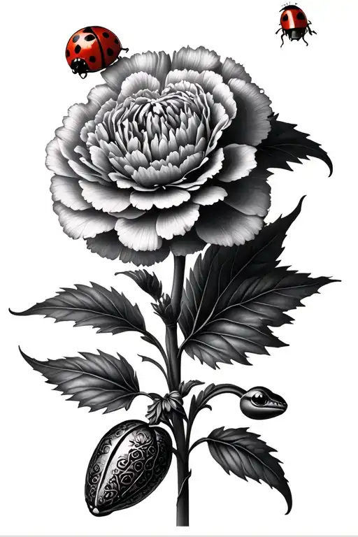 Realistic Carnation Bundle With A Lady Bug On The Leaf And A Gecko Elegant Tatto