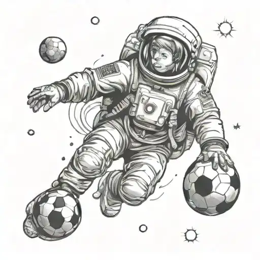 Child With Soccer Ball Looking Up And Astronaut Looking Down At Child
