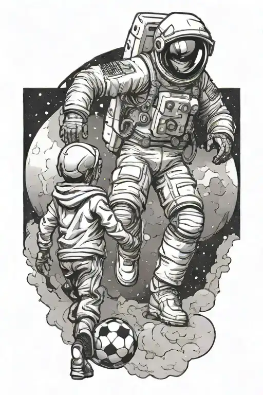 Child With Soccer Ball Looking Up And Staring At Astronaut Looking Down At Child