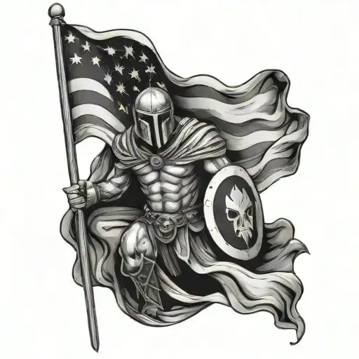 Draped American Flag Primarily Black And White With Spartan Warrior