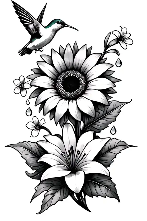 Sun Flower And Lilly With Small Flowers Leaves And A Humming Bird With Some Water Drops