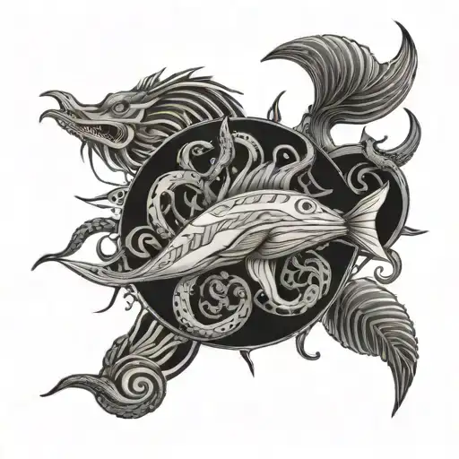 A Geometric Sleeve Tattoo Featuring Various Sea Creatures Including Medusa