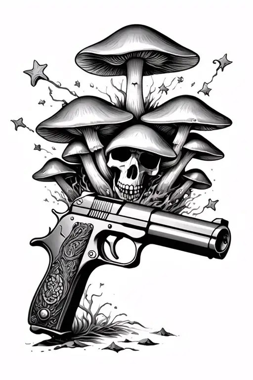 Pirate Style Pistol With Psychedelic Mushrooms Coming Out Of The Barrel