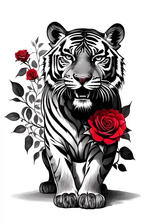Tiger With Red Roses
