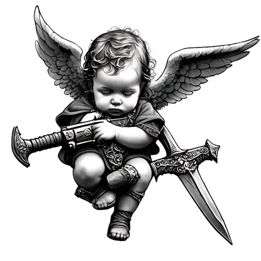 Baby Angel Holding Gun And Sword