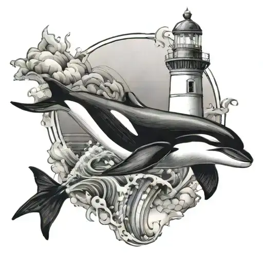 Lighthouse And An Orca Diving