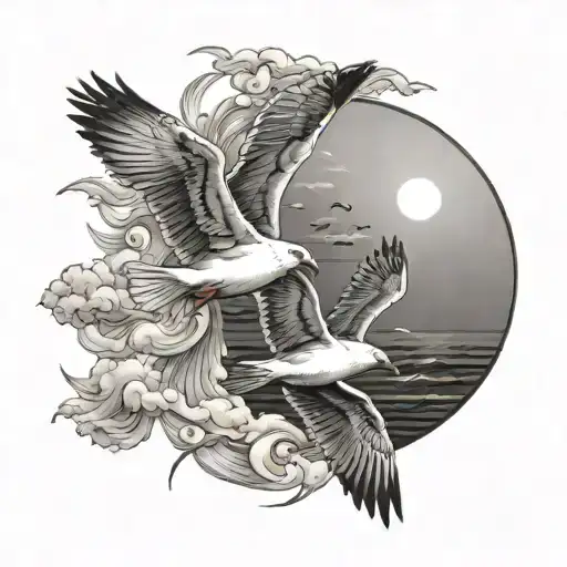 Seagulls Couple Flying Towards The Sun Shining