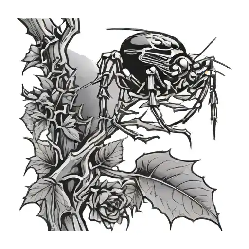 A Black Widow On A Thorny Branch In The Night