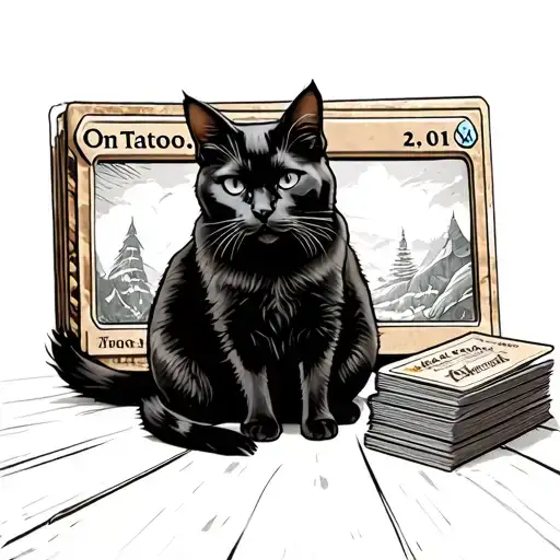 Simple Black Cat Sitting Next To A Deck Of Magic The Gathering Cards