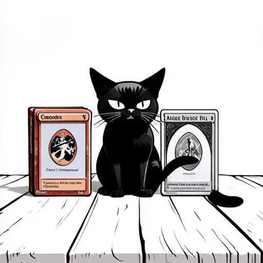 Simple Cartoon Black Cat Sitting Next To A Deck Of Magic The Gathering Cards