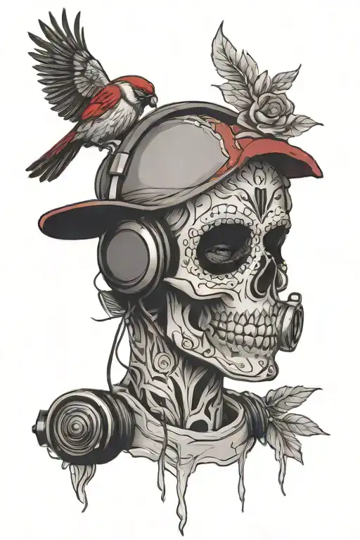 Sugar Skull That Has On Headphones With A Cardinal Perched