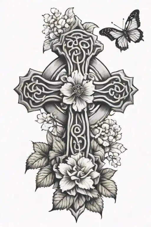 Celtic Cross And Hydrangeas Around And Butterfly's