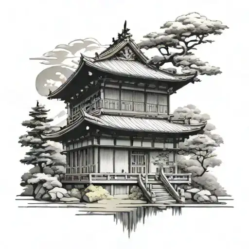 A Serene Japanese Temple With A Golf Course Surrounding It