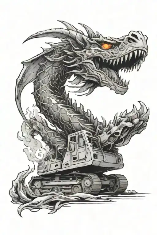 Excavator On Fire Surrounded Breathing Dragon Wrapped