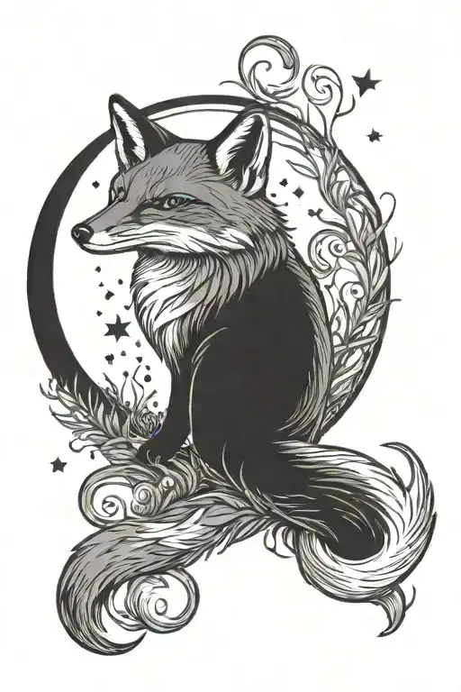 A Fox With A Folklore Tail Sits On The Grass Looking At The Round Moon With Craters And The Stars