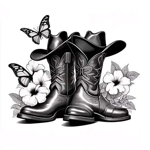 Hibiscus Flowers Butterflies Cowboy Boot And Hats