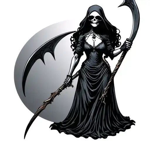 A Female Grim Reaper In A Black Dress Holding A Scythe