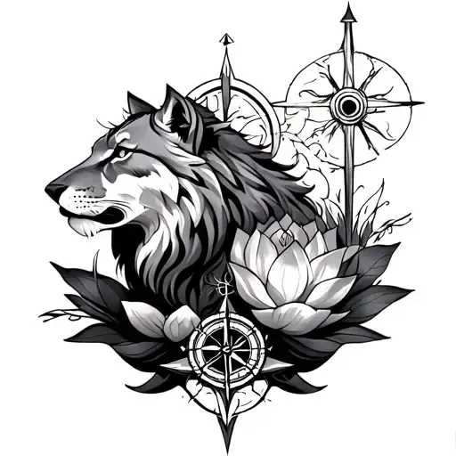 Lioness And Wolf With A Compass And Lotus
