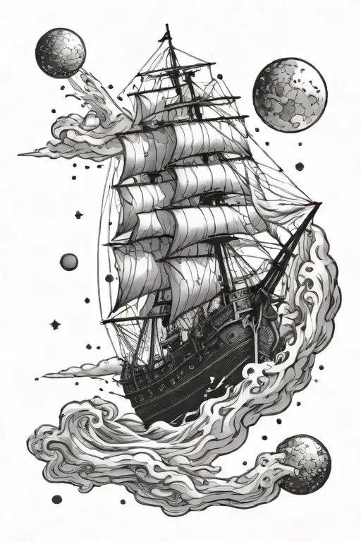 Barque In Space In A Meteor Shower