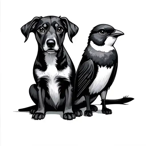 Small Bird And Dog Sitting