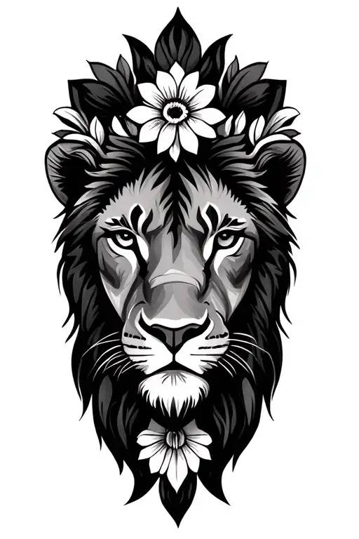 Small Lions Face With Flowers And Mandala Design Incorporating