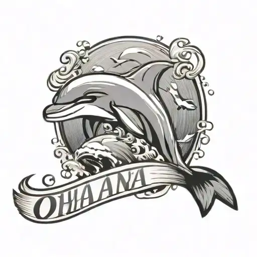 The Word Ohana With A Little Wave Underneath It And Dolphin Tale In The Wave With A Hang Loose Sign