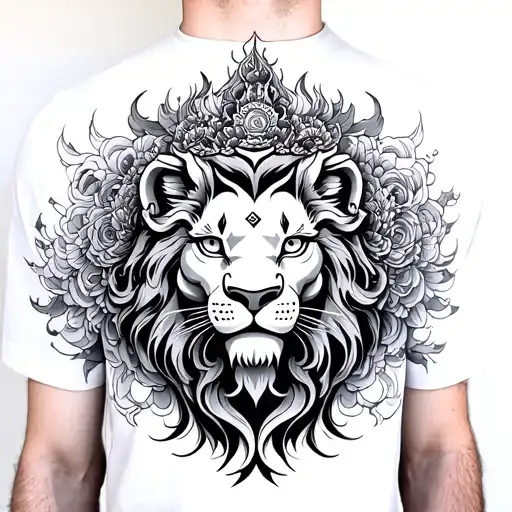 A Black And White Chest Tattoo Of A Buddhist Lion And Buddhist Imagery
