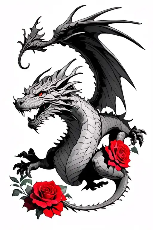 Sketch Of A Scandinavian Dragon Tattoo With Red Lush Roses And Outstretched Wings