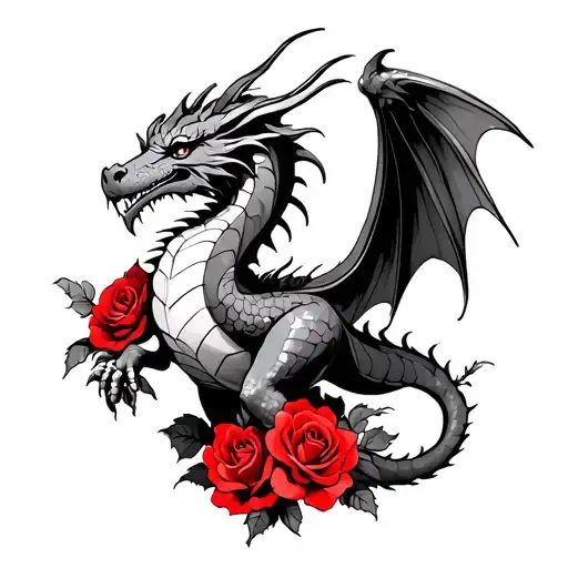 Sketch Of A Scandinavian Dragon Tattoo With Red Lush Roses And Outstretched Wings
