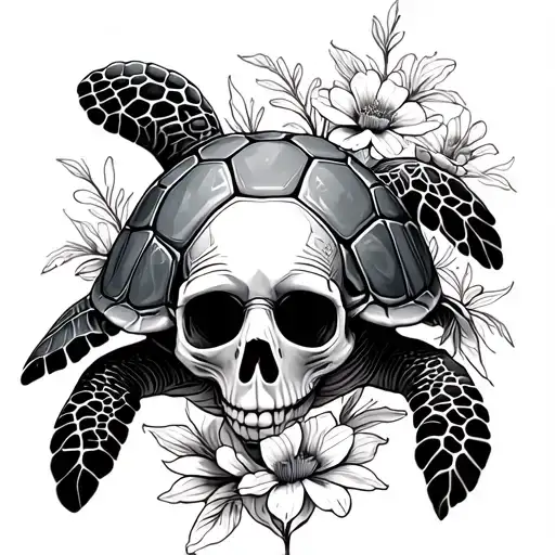 Sea Turtle With Skeleton Head And Flowers Growing