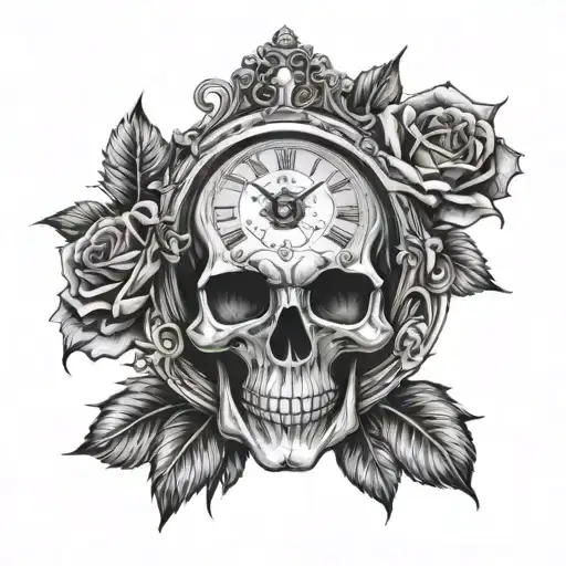 Skull With Clock And Rose