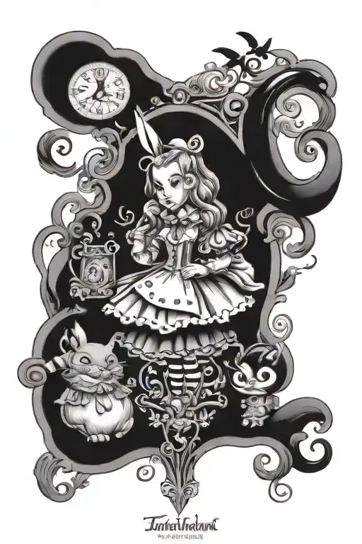 Sleeve Of Alice In Wonderland Tattoo With Zia Symbol And Portuguese Designs