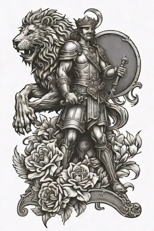 St Florian Watering Roses And Lilys With Lion Behind