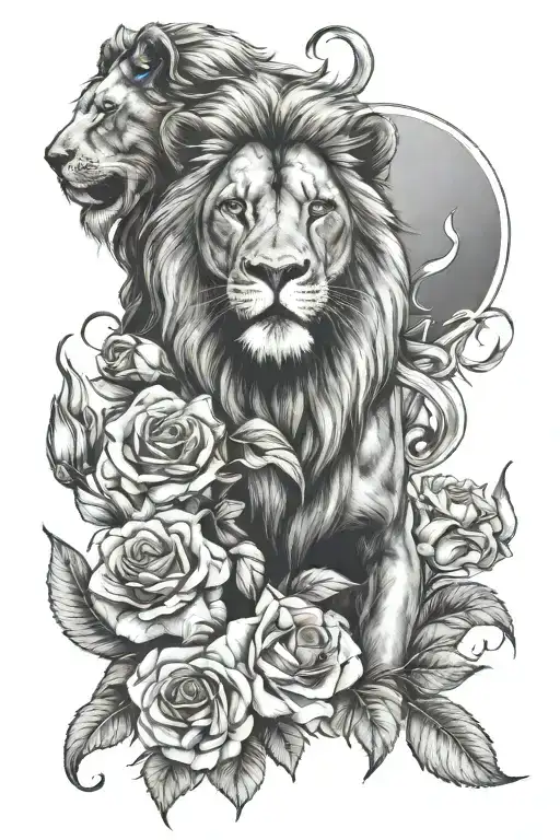 Roses And Lilys With Lion Behind