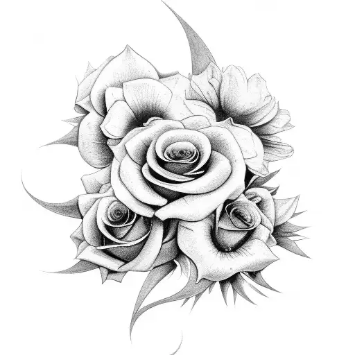 A Black-grey Tattoo Of A Demon Creating A Beautiful Bouquet Of Flowers