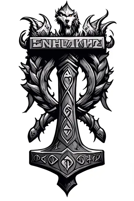 Thors Hammer Mjolnir Surrounded By Runes And Fenrir On Top