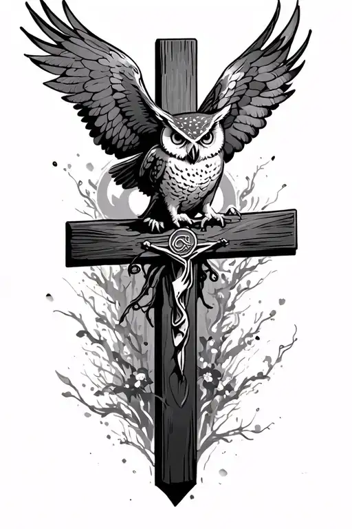 Owl Flying Over A Cross With Wings And Rip