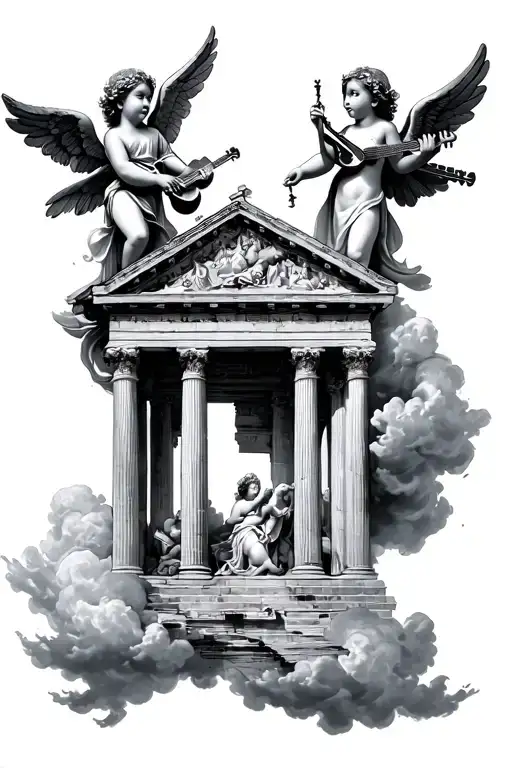 Small Angels Playing Instruments In Clouds With A Roman Architecure Building