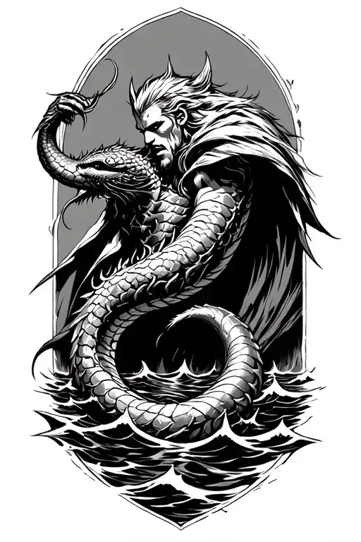 Thor And Jormungandr In The Sea