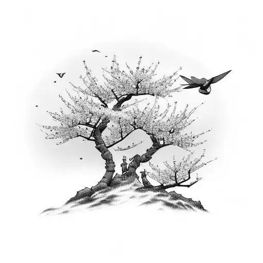 A Traditional Japanese Cherry Blossom Tree With Hummingbirds Flying Around It
