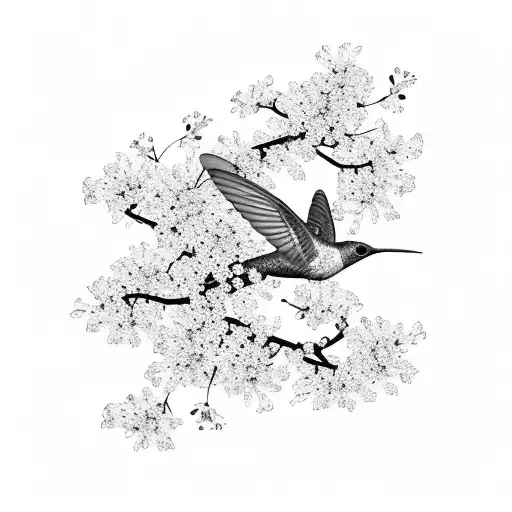 A Hummingbird In Flight With Japanese Cherry Blossoms Trailing Behind It Like A Kimono Train