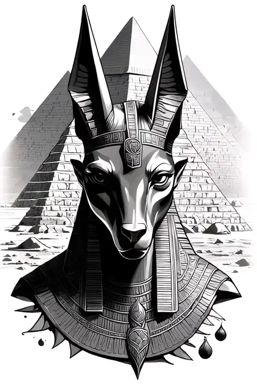 Egyptian God Anubis Against The Background Of The Pyramids