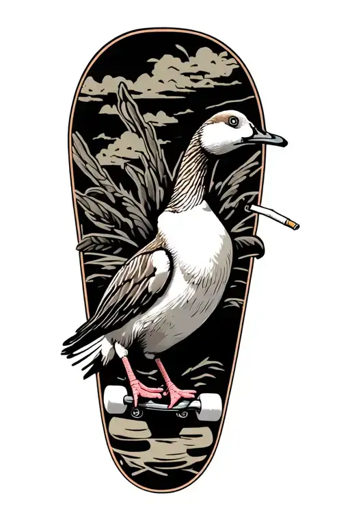 Goose Jumps On A Skate With A Cigarette