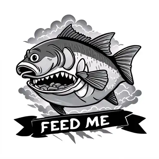 Pudge The Fish Surrounded By Clouds And Lightning With A Pb&j In His Mouth And Arches Saying Feed Me