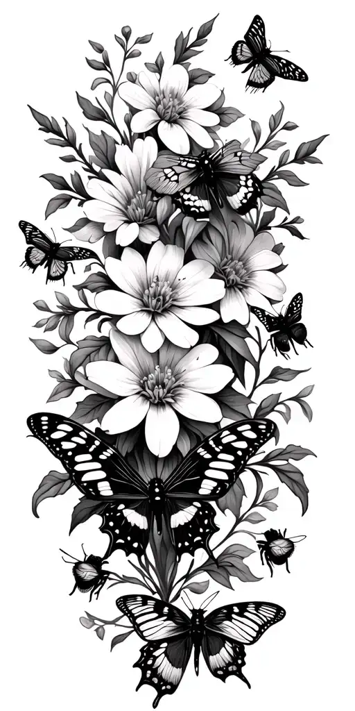 Floral Design With Butterflies And Bees Pollinating