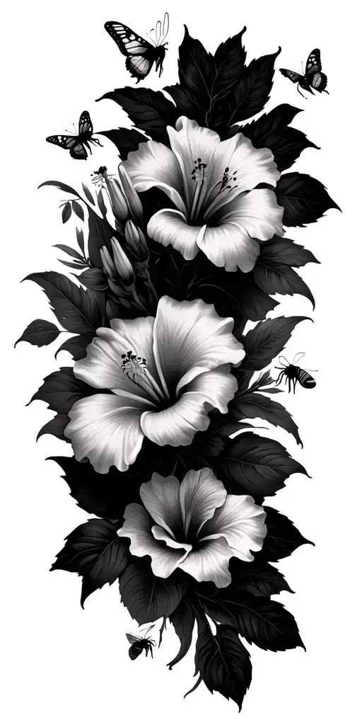 Hibiscus And Lilies With Butterflies And Bees Pollinating