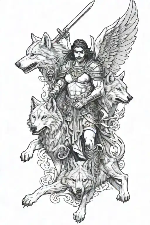 Warrior Angel With Three Wolves