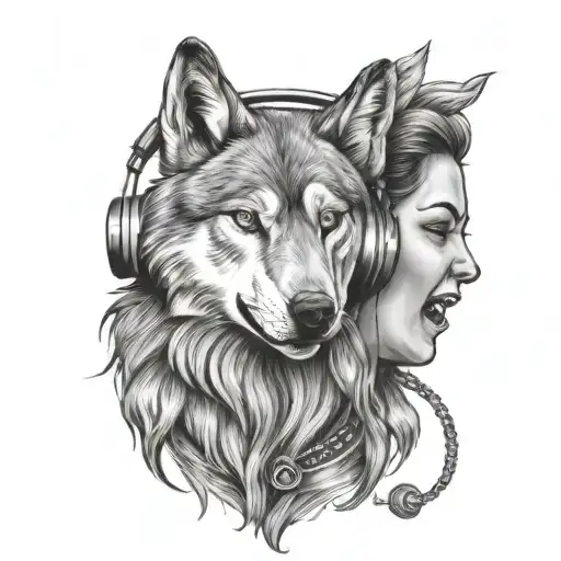 Wolf Howing And Lady Screaming With Headphones Listening To Music