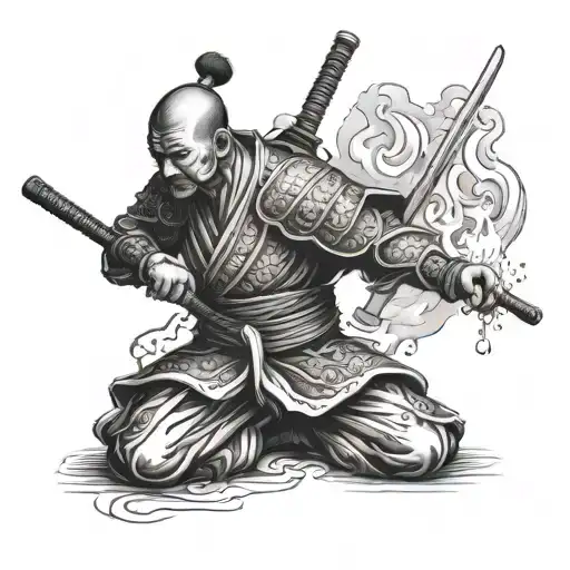 Samurai Warrior Behind A Burning Monk Meditating