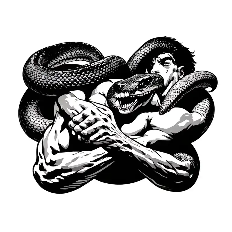 Man Fighting Snake Wrapped Around Him